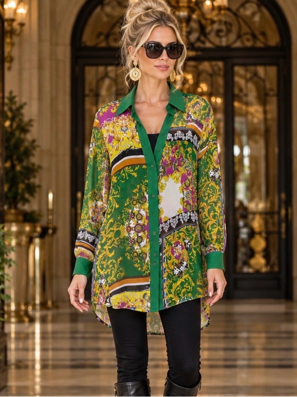 Cecico Green Multi-Print Long Sleeve Button Down Shirt